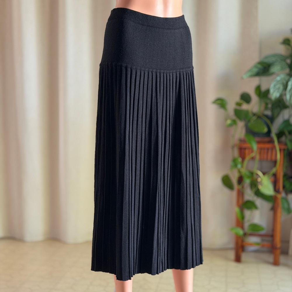 Vtg 90s Adolfo Collectibles Black Pleated Knit Midi Skirt Lambswool Wool Blend M
